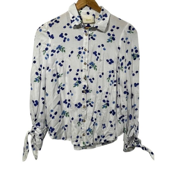Anthropologie MAEVE Blithe Button Up Shirt  Blueberry Print Tie Sleeves Sz 4 - Picture 2 of 10